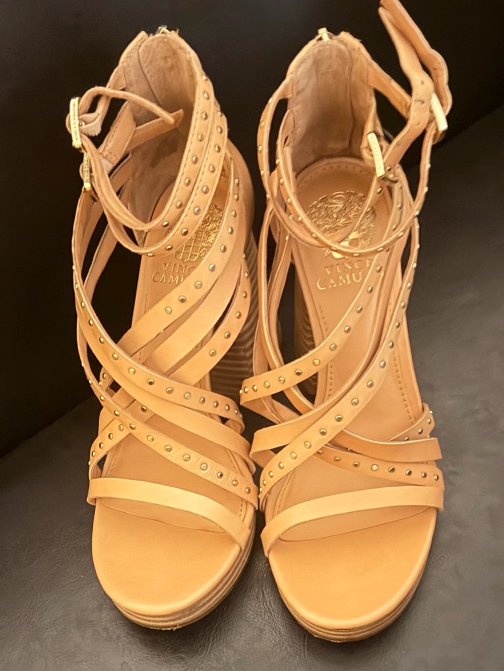 Vince Camuto Tan Studded Strappy Wedge Sandals
